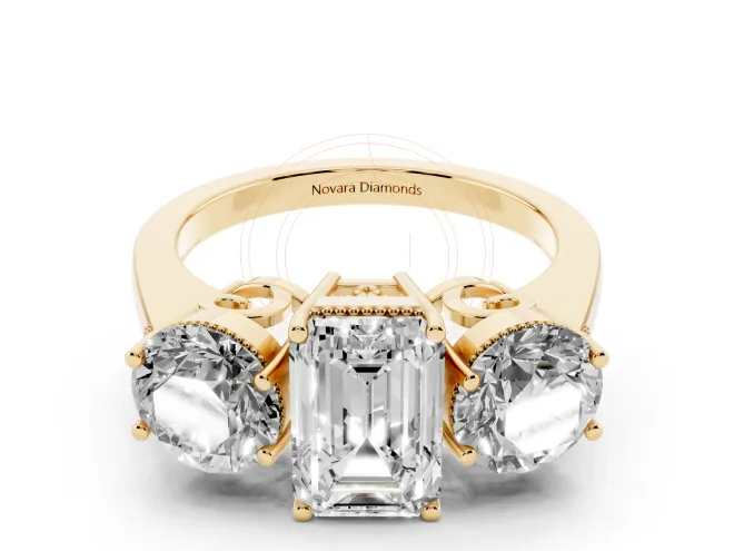 Emerald Cut Diamond Three-Stone Engagement Ring Set in Yellow gold with Polished Band
