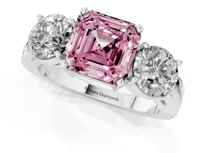 Fancy Pink Asscher Cut Diamond Three-Stone Ring Set in Silver with Round Side Stones and Classic Band – second view