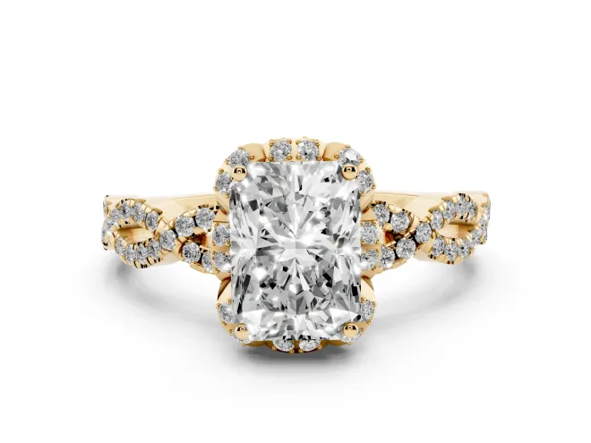 Radiant Cut Diamond Halo Twist Band Solitaire Ring Set in Yellow gold with Prong-Set Center Stone