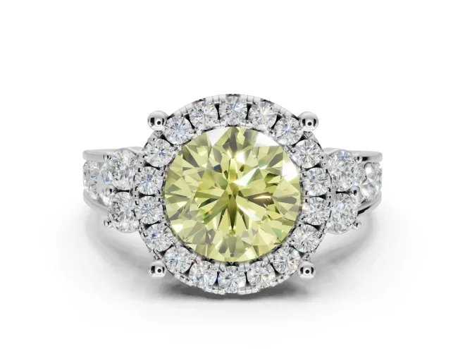 Round Halo Engagement Ring Setting for a Fancy Yellow Lab-Grown Diamond | Side Clusters | White Gold