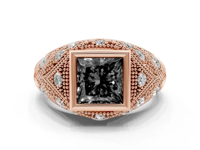 Fancy Black Princess Cut Diamond Bezel Ring Set in Rose gold with Milgrain Accent Band