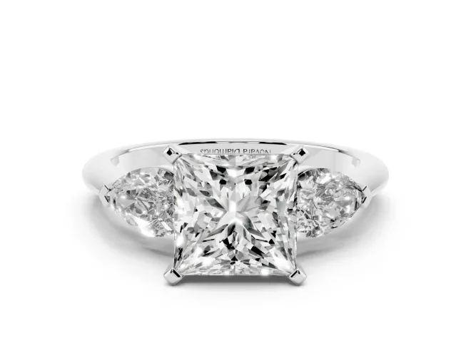 Three-Stone Princess Cut Diamond Ring Set in Silver with Pear Side Stones and Prong Setting