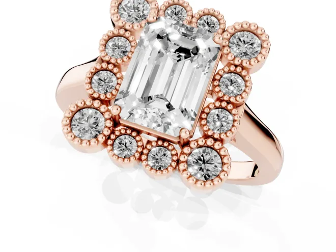 Emerald Cut Diamond Cluster Halo Ring Set in Rose gold with Milgrain Bezel Accents and Plain Band – second view