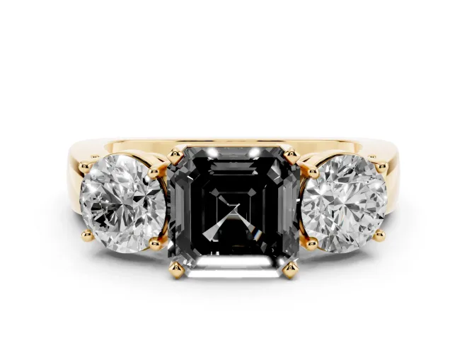 Fancy Black Asscher Cut Diamond Three-Stone Ring Set in Yellow gold with Round Side Stones and Classic Band