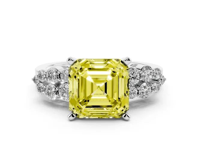 Asscher Cut Side Stone Engagement Ring Setting for a Fancy Yellow Lab-Grown Diamond | Shoulder Clusters | White Gold