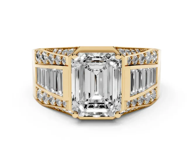 Emerald Cut Diamond Mens Ring Set in Yellow gold with Baguette and Round Side Stones