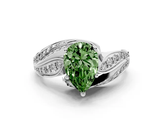 Fancy Green Pear Cut Diamond Solitaire Ring Set in White gold with Layered Twist Pavé Band