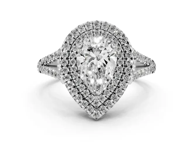 Pear Cut Diamond Double Halo Ring Set in Silver with Pavé Band