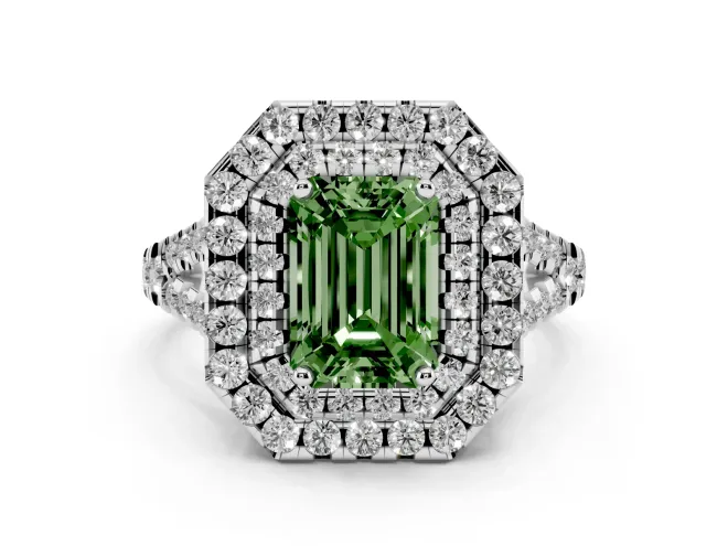 Fancy Green Emerald Cut Diamond Double Halo Ring Set in White gold with Pavé Split Shank and Prong Setting