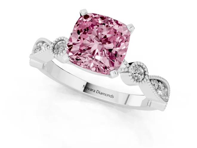 Fancy Pink Cushion Cut Diamond Solitaire Engagement Ring Set in White gold with Milgrain Bezel Accent Band – second view