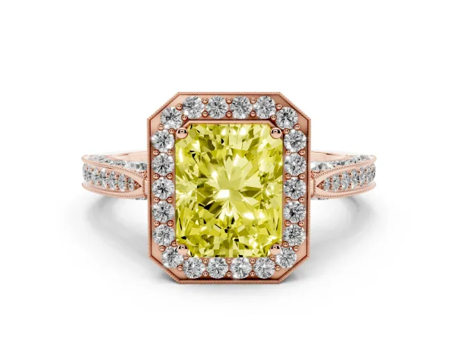 Fancy Yellow Radiant Cut Diamond Halo Engagement Ring Set in Rose gold with Accent Split Shank Band