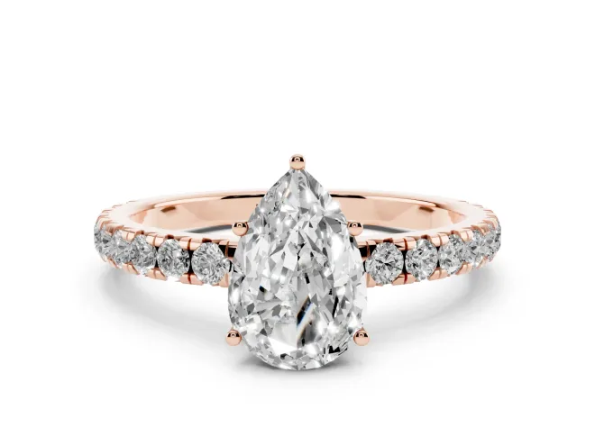 Pear Cut Diamond Pavé Solitaire Engagement Ring Set in Rose gold with Prong Setting