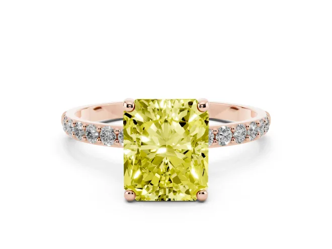Radiant Cut Pavé Solitaire Engagement Ring Setting for a Fancy Yellow Lab-Grown Diamond | Pavé Shoulders | Rose Gold