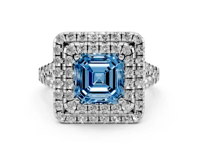 Fancy Blue Asscher Cut Diamond Double Halo Ring Set in Silver with Pavé Split Shank and Prong Setting