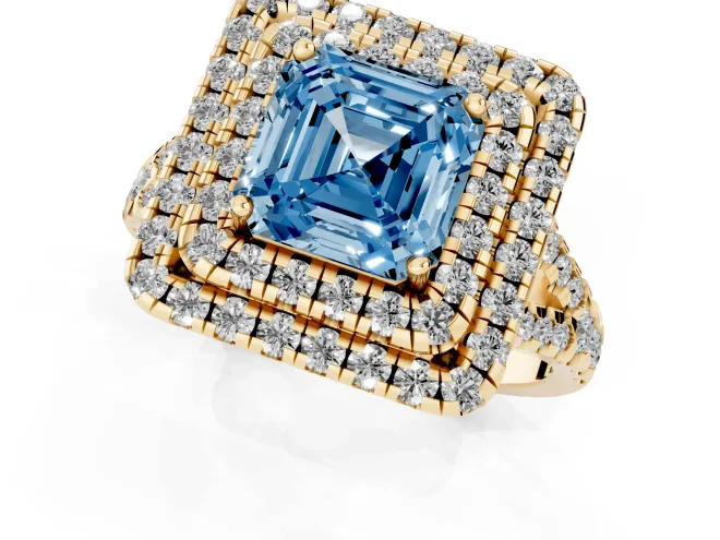Fancy Blue Asscher Cut Diamond Double Halo Ring Set in Yellow gold with Pavé Split Shank and Prong Setting – second view