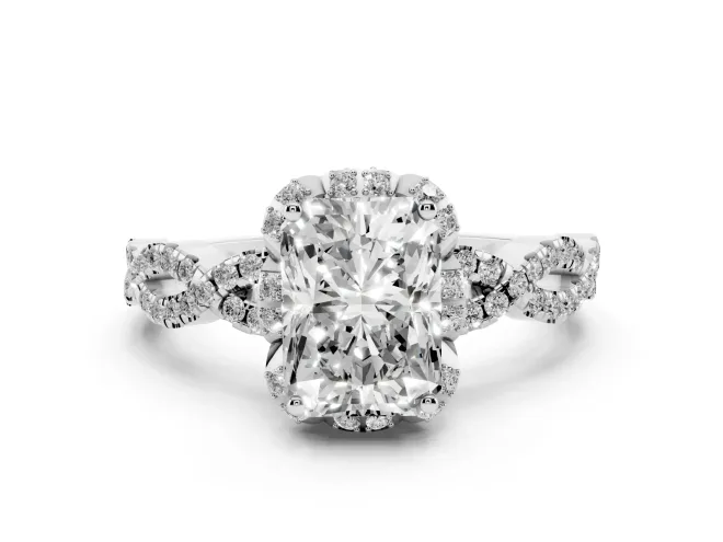 Radiant Cut Diamond Halo Twist Band Solitaire Ring Set in Silver with Prong-Set Center Stone