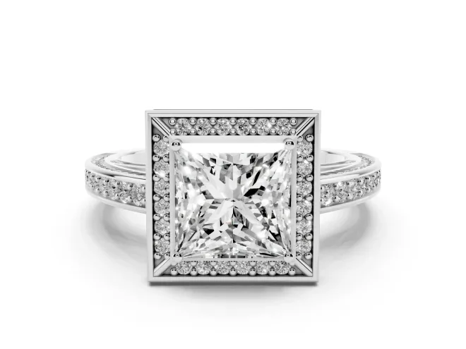 Princess Cut Sectioned Halo Engagement Ring Setting | Pavé Gallery and Band | White Gold