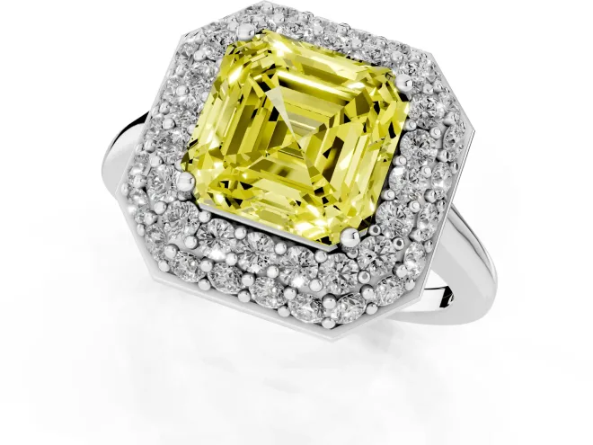 Fancy Yellow Asscher Cut Diamond Halo Engagement Ring Set in Platinum with Solitaire Band and Prong Setting – second view