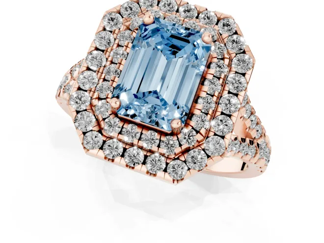 Fancy Blue Emerald Cut Diamond Double Halo Ring Set in Rose gold with Pavé Split Shank and Prong Setting – second view