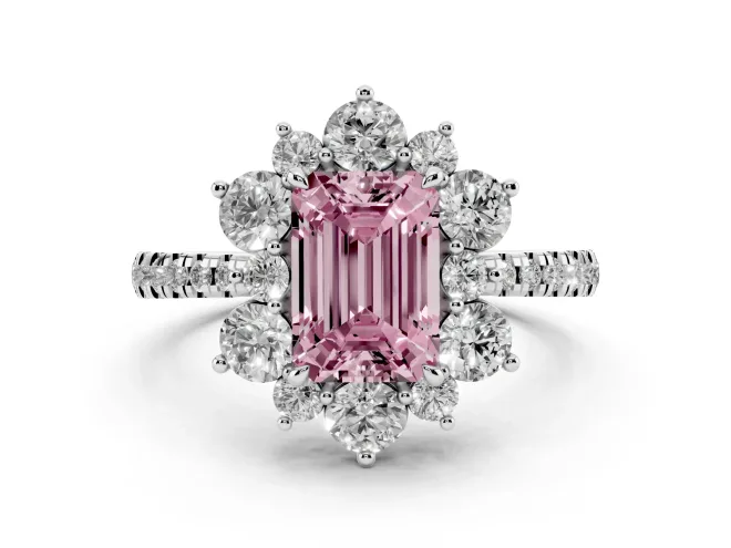 Emerald Cut Star Floral Halo Engagement Ring Setting for a Fancy Pink Lab-Grown Diamond | White Gold