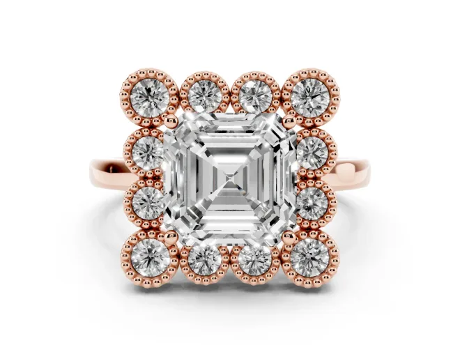 Asscher Cut Diamond Cluster Halo Ring Set in Rose gold with Milgrain Bezel Accents and Plain Band