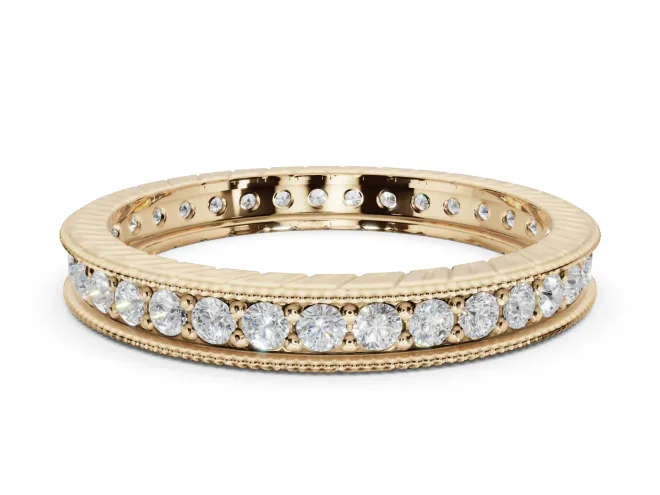 Round Lab-Grown Diamond Milgrain Pavé Eternity Band | Carved Side Walls | Yellow Gold