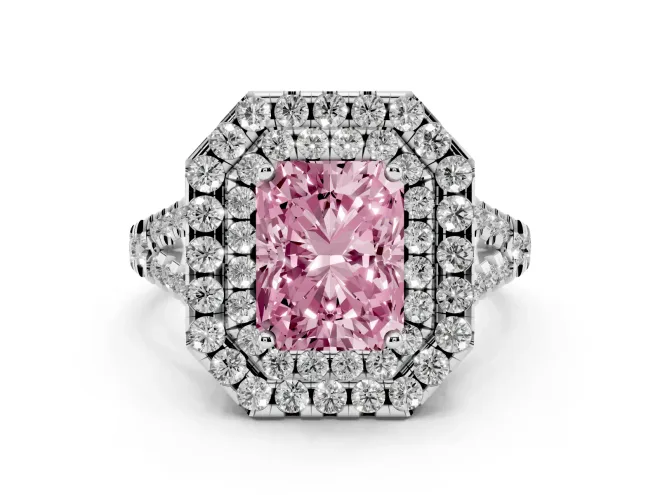 Fancy Pink Radiant Cut Diamond Double Halo Ring Set in White gold with Pavé Split Shank and Prong Setting