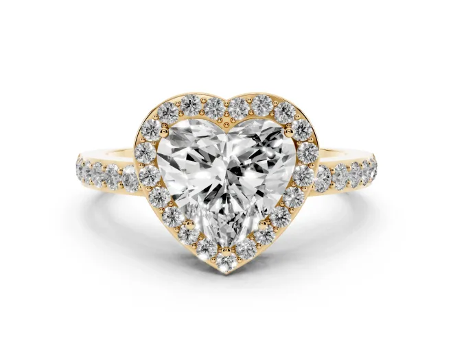 Heart Cut Diamond Halo Ring Set in Yellow gold with Pavé-Setting Band and Open Prong Center