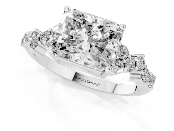 Radiant Cut Diamond Ring Set in Platinum with Scattered Round Accents – second view