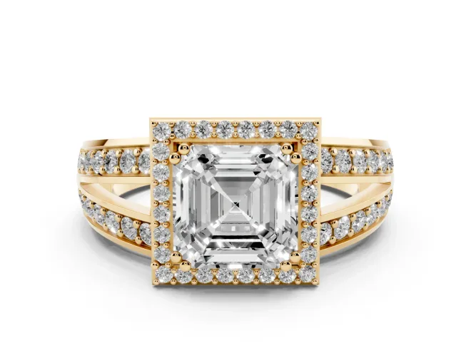 Asscher Cut Diamond Halo Ring Set in Yellow gold with Double Pavé Split Shank
