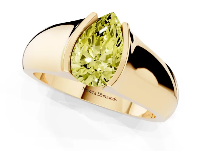 Fancy Yellow Pear Cut Diamond Bezel Solitaire Ring Set in Yellow gold with Wide Band – second view