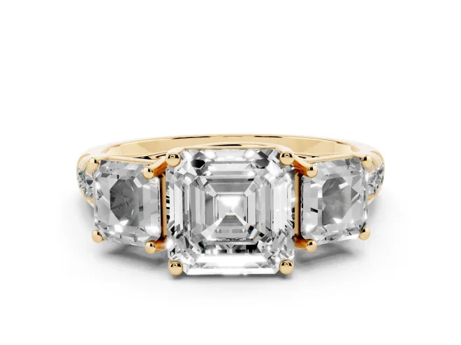 Asscher Cut Diamond Three-Stone Ring Set in Yellow gold with Pavé Band