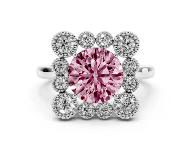 Round Milgrain Cluster Halo Engagement Ring Setting for a Fancy Pink Lab-Grown Diamond | Plain Band | White Gold