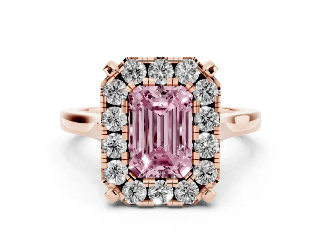 Emerald Cut Claw Corner Halo Engagement Ring Setting for a Fancy Pink Lab-Grown Diamond | Slim Plain Band | Rose Gold
