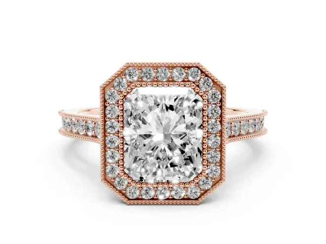 Radiant Cut Vintage Milgrain Halo Engagement Ring Setting | Bezel Head | Rose Gold