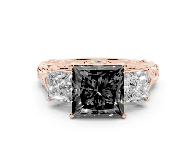 Princess Cut Three Stone Engagement Ring Setting for a Black Center | Braided Band | Rose Gold