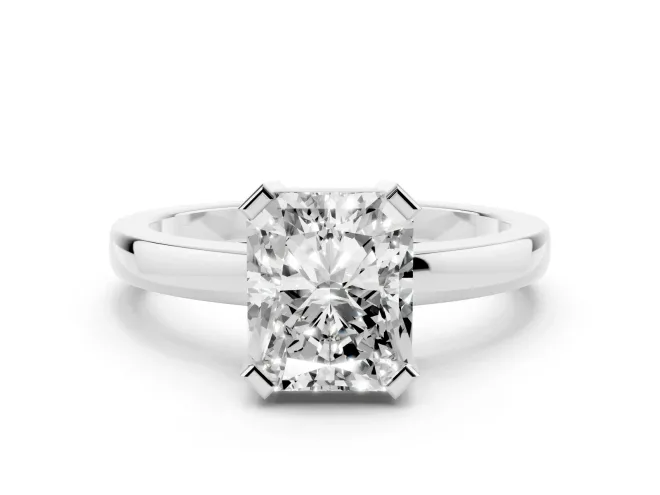 Radiant Cut Diamond Solitaire Ring Set in Silver with Prong Head and Smooth Polished Band