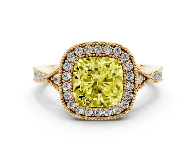 Cushion Cut Milgrain Halo Engagement Ring Setting for a Fancy Yellow Lab-Grown Diamond | Graduated Pavé | Yellow Gold