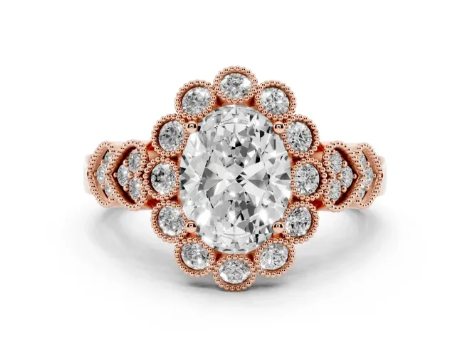 Oval Vintage Scalloped Milgrain Halo Engagement Ring Setting | Heart Pavé Band | Rose Gold