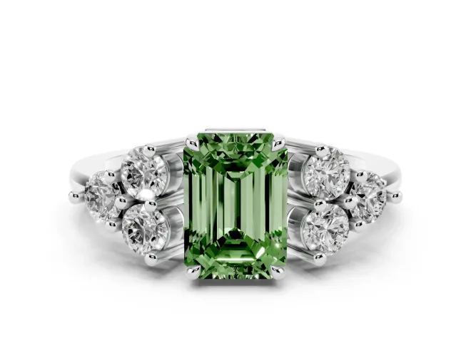 Fancy Green Emerald Cut Diamond Solitaire Ring Set in Silver with Cluster Accents on Each Side