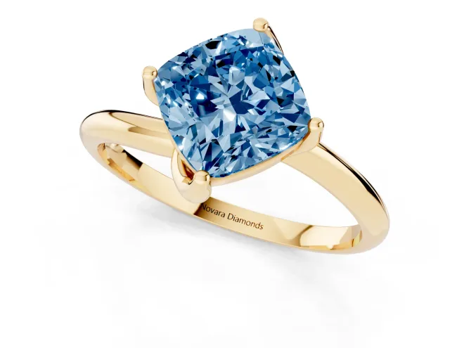 Fancy Blue Cushion Cut Diamond Solitaire Engagement Ring Set in Yellow gold with Classic Plain Band – second view