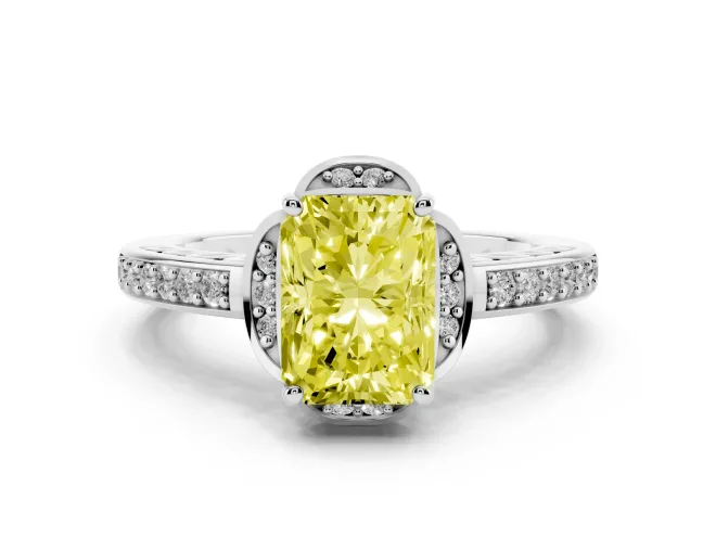 Fancy Yellow Radiant Cut Diamond Halo Ring Set in Platinum with Channel Set Band and Prong Setting