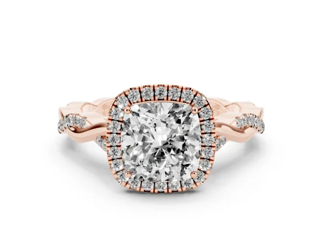Cushion Cut Halo Engagement Ring Setting | Pavé Twist Band | Rose Gold