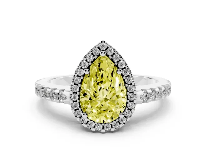 Fancy Yellow Pear Cut Diamond Halo Ring Set in Platinum with Pavé Shoulders and Halo-Framed Center