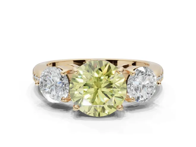Round Three Stone Engagement Ring Setting for a Fancy Yellow Lab-Grown Diamond | Tapered Pavé Band | Yellow Gold