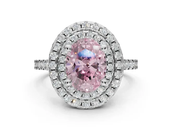 Oval Double Halo Engagement Ring Setting for a Fancy Pink Lab-Grown Diamond | Pavé Shoulders | White Gold