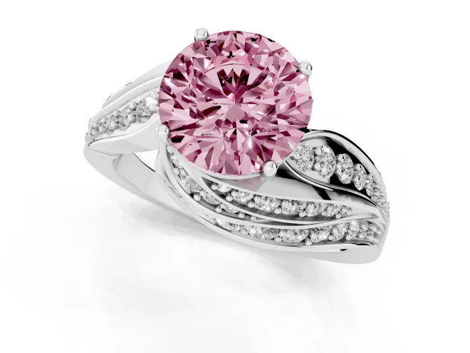 Fancy Pink Round Cut Diamond Solitaire Ring Set in Silver with Layered Twist Pavé Band – second view