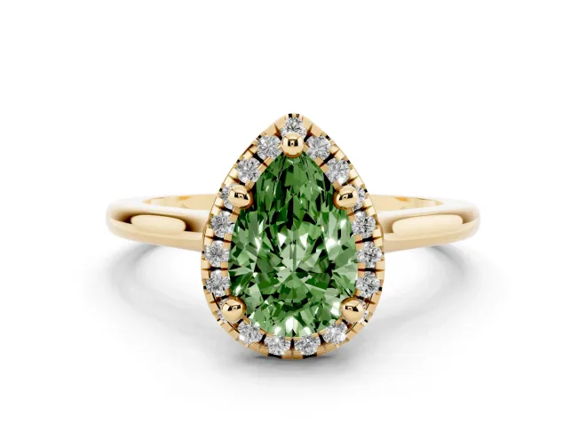 Fancy Green Pear Cut Diamond Halo Engagement Ring Set in Yellow gold with Pavé Band and Rising Shoulders