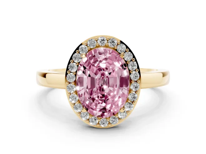 Oval Thin Halo Engagement Ring Setting for a Fancy Pink Lab-Grown Diamond | Plain Band | Yellow Gold