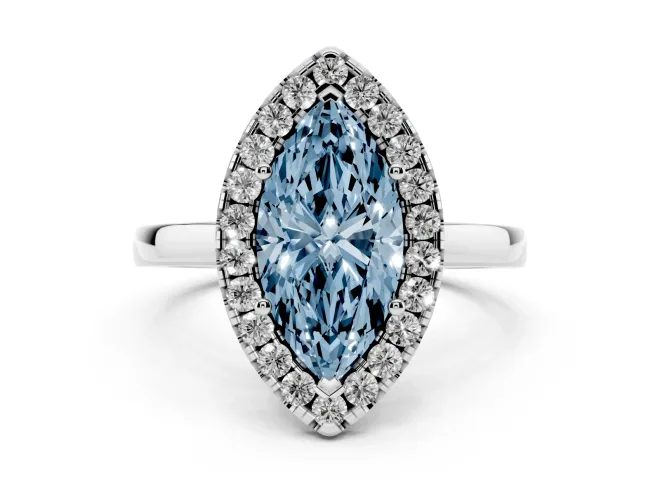 Fancy Blue Marquise Cut Diamond Halo Solitaire Ring Set in Platinum with Pavé Band and Prong Setting
